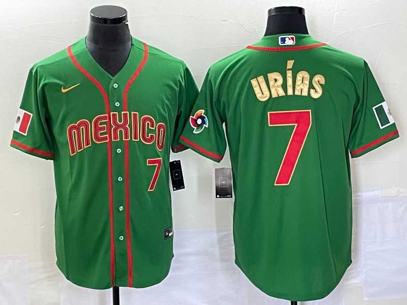 Mens Mexico Baseball #7 Julio Urias Number 2023 Green Red Gold World Baseball Classic Stitched Jersey 2
